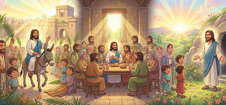 Ilustração infantil dos símbolos da Semana Santa na catequese: Eucaristia, Cruz e o Túmulo Vazio da Ressurreição.