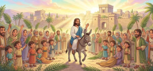 Desenho infantil de Jesus entrando em Jerusalém no Domingo de Ramos com crianças balançando palmas e estendendo mantos.