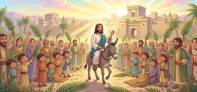 Desenho infantil de Jesus entrando em Jerusalém no Domingo de Ramos com crianças balançando palmas e estendendo mantos.