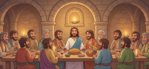 Desenho infantil dos símbolos da Quinta-Feira Santa: o pão da Eucaristia e a bacia do Lava-pés na catequese.