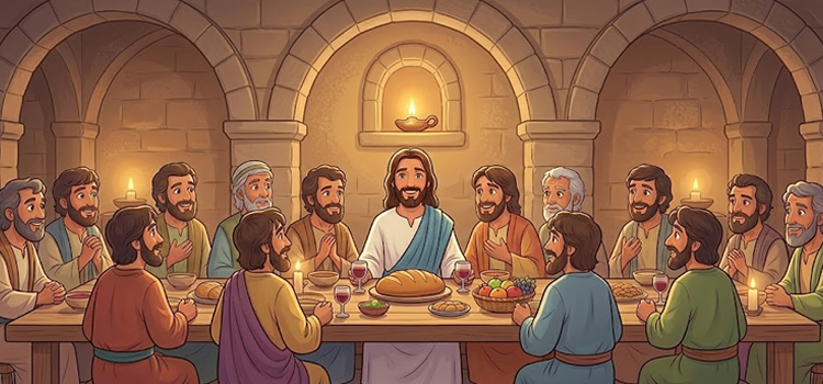 Desenho infantil dos símbolos da Quinta-Feira Santa: o pão da Eucaristia e a bacia do Lava-pés na catequese.