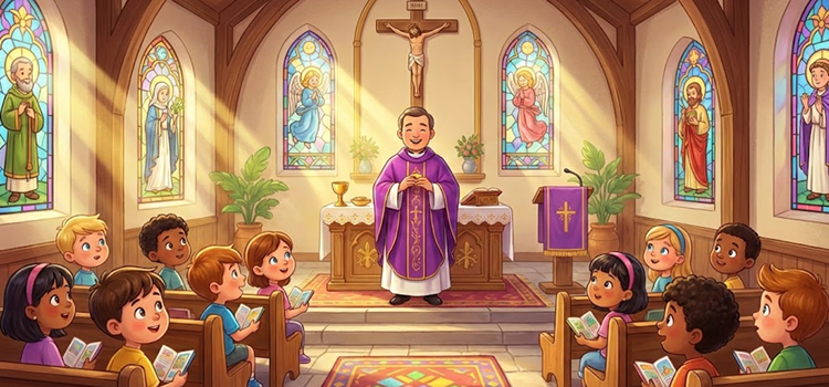 Padre na frente do altar celebrando a Santa Missa com as crianças