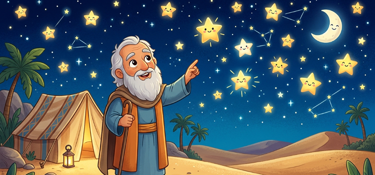 Ilustração infantil de Abraão homem de fé contando as estrelas