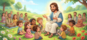 Ilustração infantil A felicidade que Jesus propõe com as Bem-aventuranças