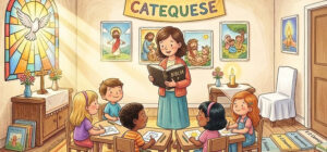 Catequista no encontro de catequese lendo a A Bíblia é a Palavra de Deus