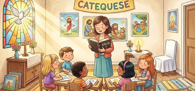 Catequista no encontro de catequese lendo a A Bíblia é a Palavra de Deus