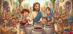 Ilustração infantil As Bodas em Caná da Galileia, Jesus transforma a agua em vinho