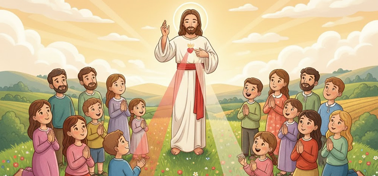 Ilustração da imagem de Jesus Misericordioso com raios vermelhos e brancos saindo do coração, rodeada por crianças em oração.
