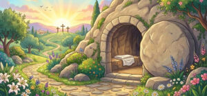 Ilustração infantil do sepulcro aberto, simbolizando que Jesus ressuscitou