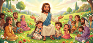Ilustração infantil A Boa-Nova de Jesus. Jesus anuncia o Evangelho a todos os povos