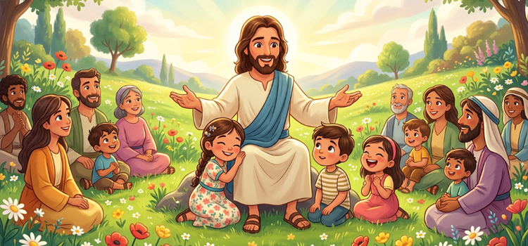 Ilustração infantil A Boa-Nova de Jesus. Jesus anuncia o Evangelho a todos os povos