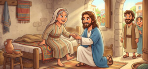Ilustração infantil Jesus cura os doentes. Jesus curou a sogra de Pedro