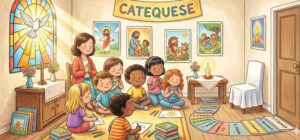 Sala da Catequese com vela sobre a mesa e uma cadeira vazia mostrando que Jesus está no meio de nós
