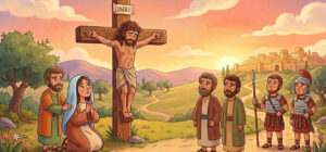 Ilustração infantil de Jesus no Calvário onde Jesus foi crucificado