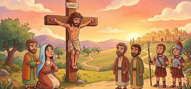 Ilustração infantil de Jesus no Calvário onde Jesus foi crucificado