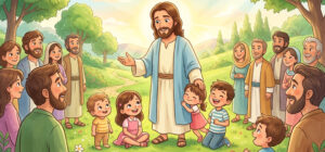 Ilustração infantil mostrando Jesus e as crianças, pois Jesus é o Messias esperado
