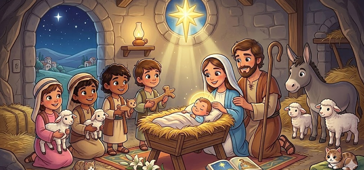 Ilustração infantil do Nascimento de Jesus