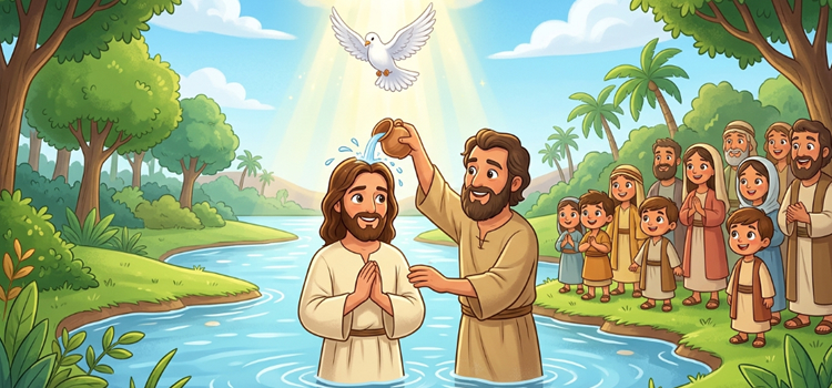 Ilustração infantil O Batismo de Jesus