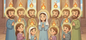 Ilustração colorida de Pentecostes. Línguas de fogo descendo sobre os apóstolos e a Virgem Maria no Cenáculo, em estilo pedagógico.
