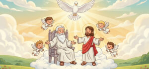 Ilustração da Santíssima Trindade. Com Deus Pai, Jesus o Filho e o Espirito Santo o Paráclito