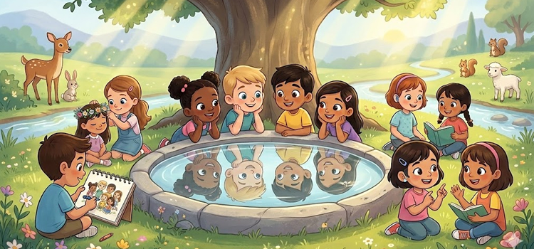 Somos Imagem de Deus crianças olhando na fonte o reflexo de seus rosto