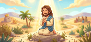 Ilustração infantil As tentações de Jesus no deserto
