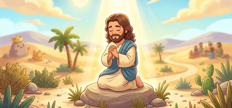 Ilustração infantil As tentações de Jesus no deserto