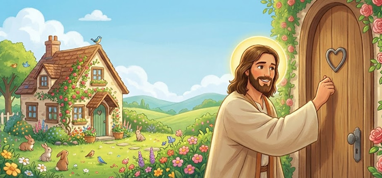 Ilustração infantil Abrir a porta para Cristo