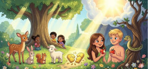 imagem infantil de adão e eva no paraiso e a Quebra da Aliança com Deus