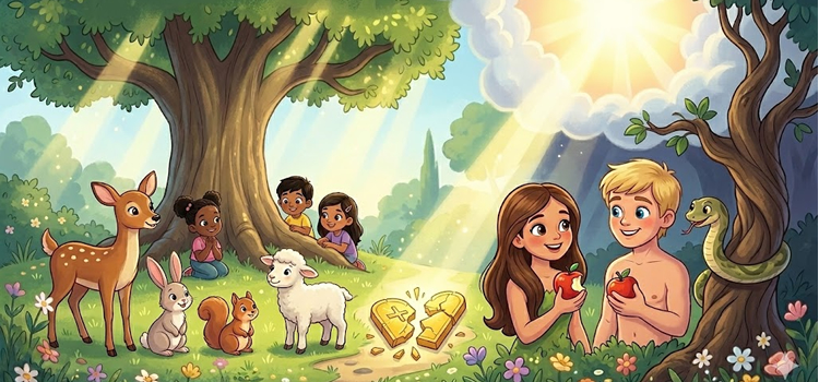 imagem infantil de adão e eva no paraiso e a Quebra da Aliança com Deus