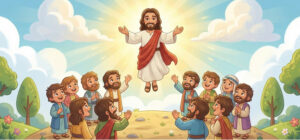 Representação artística da Ascenção do Senhor. Jesus subindo ao Céu com os braços abertos, enquanto os apóstolos observam maravilhados