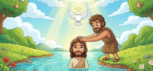 ilustração infantil do Batismo de Jesus, João batiza Jesus