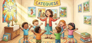 crianças na catequese rezando o pai-nosso junto com a catequista assim como Jesus ensina a rezar o Pai-Nosso