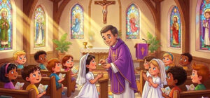 Ilustração de uma menina recebendo a primeira comunhão. A Liturgia Eucarística
