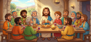 ilustração infantil da Santa Ceia, essa foi a A última ceia do Senhor
