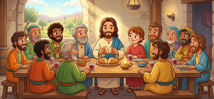 ilustração infantil da Santa Ceia, essa foi a A última ceia do Senhor