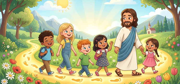 Ilustraçao infantil do ultimo encontro na catequese agora vamos Seguir o caminho de Jesus