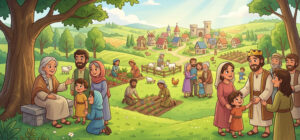 Ilustração infantil da terra prometida, mostrando A terra, os juízes e os reis