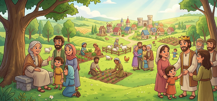 Ilustração infantil da terra prometida, mostrando A terra, os juízes e os reis