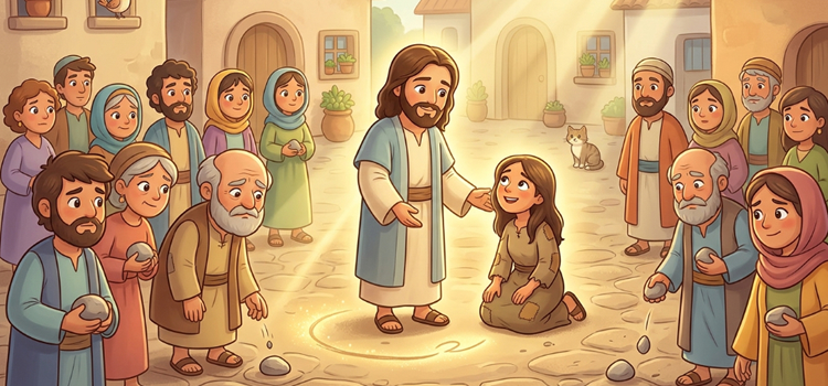 Ilustração infantil Quem vai atirar a primeira pedra? A mulher adultera é perdoada