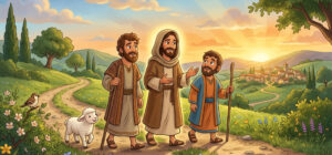 Ilustração infantil Reconhecer Jesus em nosso caminho assim como os discípulos de Emaus