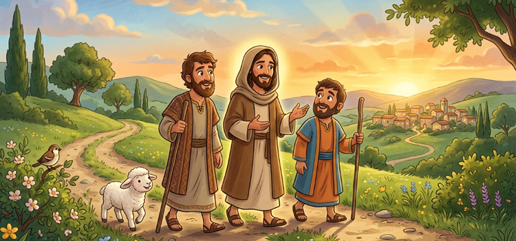 Ilustração infantil Reconhecer Jesus em nosso caminho assim como os discípulos de Emaus