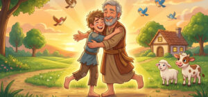 Ilustração infantil o Filho Pródigo, O pai amoroso e o filho perdoado