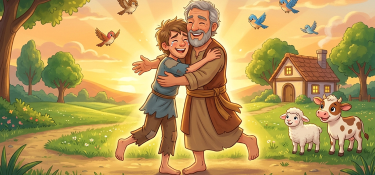 Ilustração infantil o Filho Pródigo, O pai amoroso e o filho perdoado