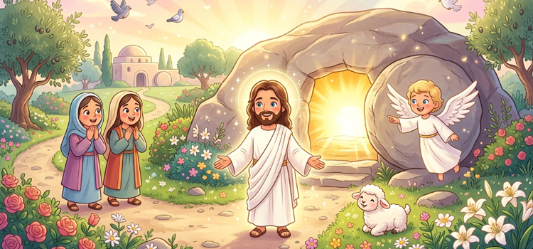 Ilustração infantil Jesus Ressuscitou A páscoa do Senhor