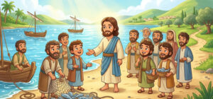 Ilustração infantil Jesus escolhe 12 apóstolos, o chamado a missão