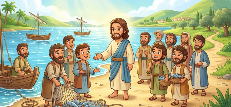 Ilustração infantil Jesus escolhe 12 apóstolos, o chamado a missão
