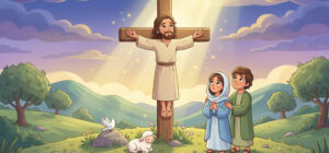 Ilustração infantil Jesus morre na Cruz