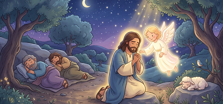 Ilustração infantil Jesus no monte das oliveiras