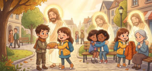 Ilustração infantil Julgados pelo amor ao próximo, as obras de misericórdia
